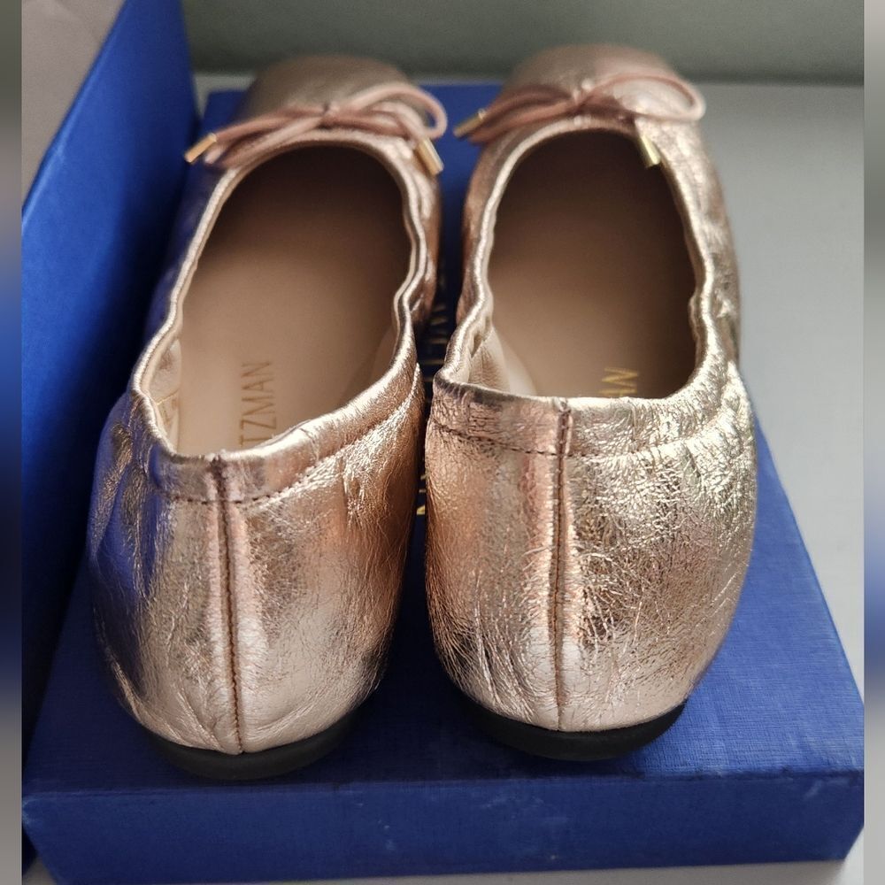 Stuart Weitzman Bardot Mettalic Bow Leather Ballet Flats Size 6.5 - Picture 3 of 5